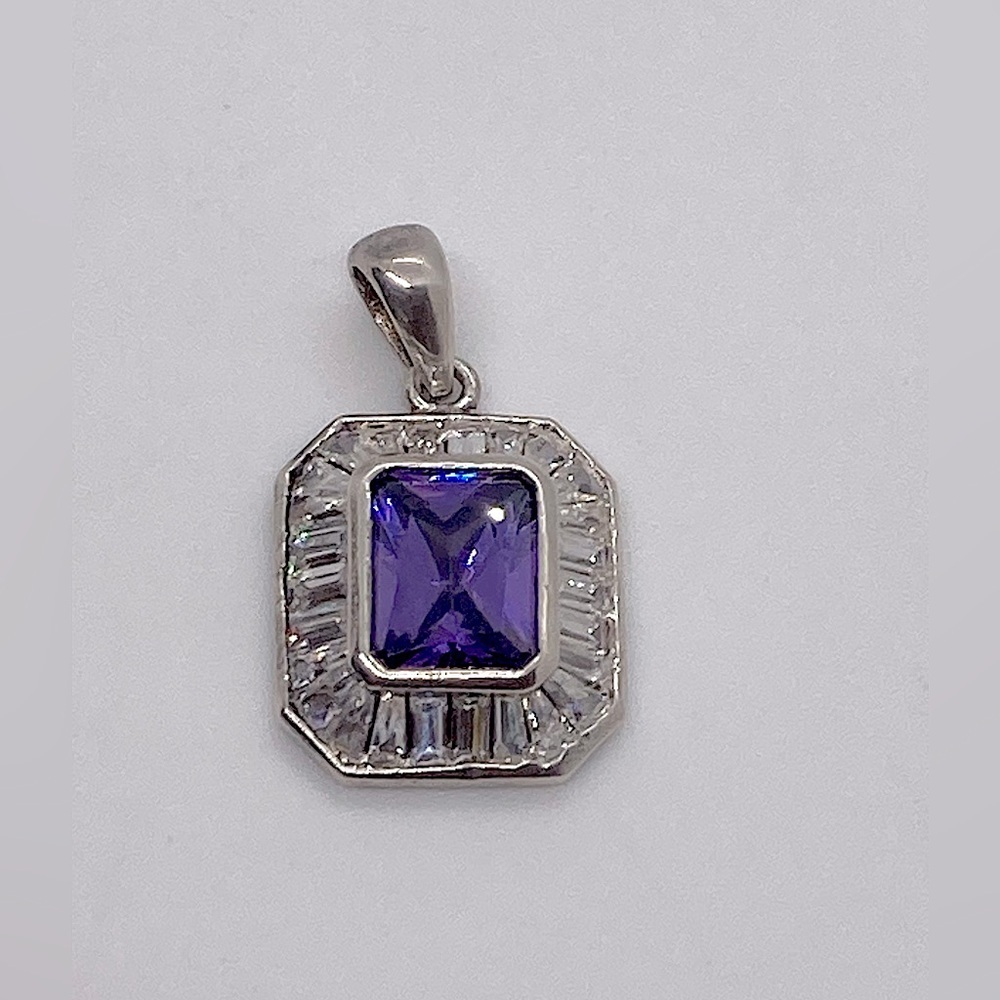 Vtg NVC 925 Sterling Silver w Purple & Clear / White CZ Square Pendant | .9” L